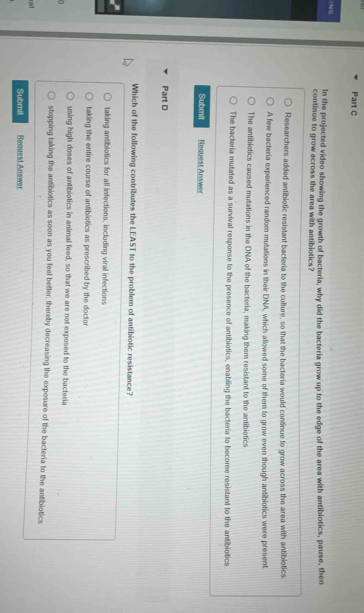 part c in the projected video showing the growth of bacteria, why did t…