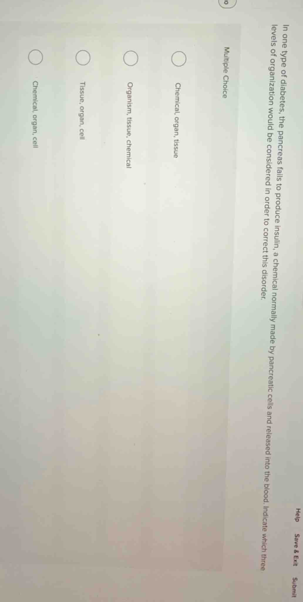 in one type of diabetes, the pancreas fails to produce insulin, a chemi…
