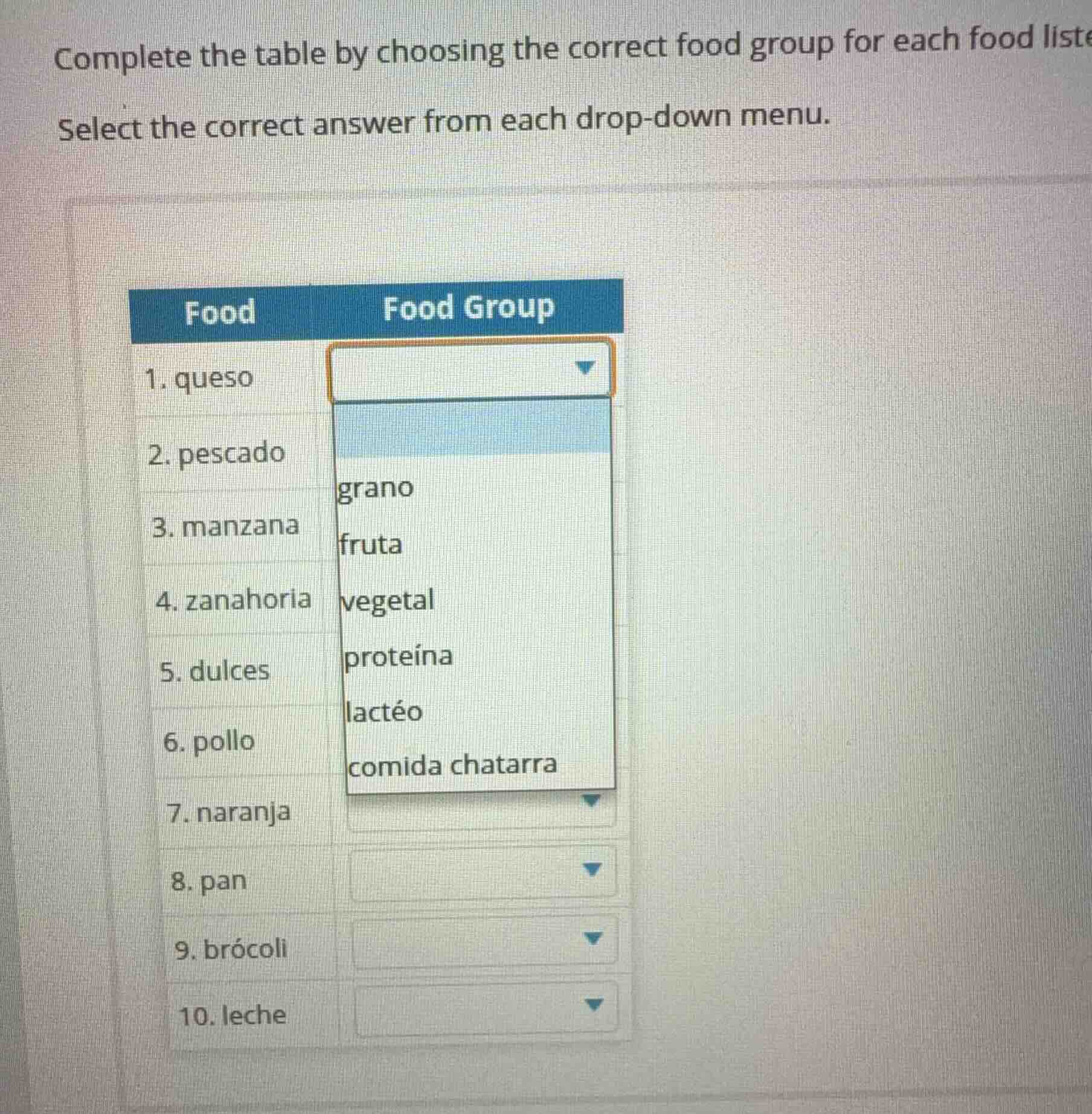 complete the table by choosing the correct food group for each food lis…