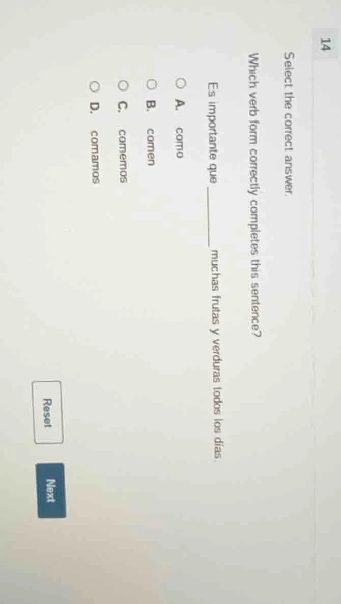 select the correct answer. which verb form correctly completes this sen…