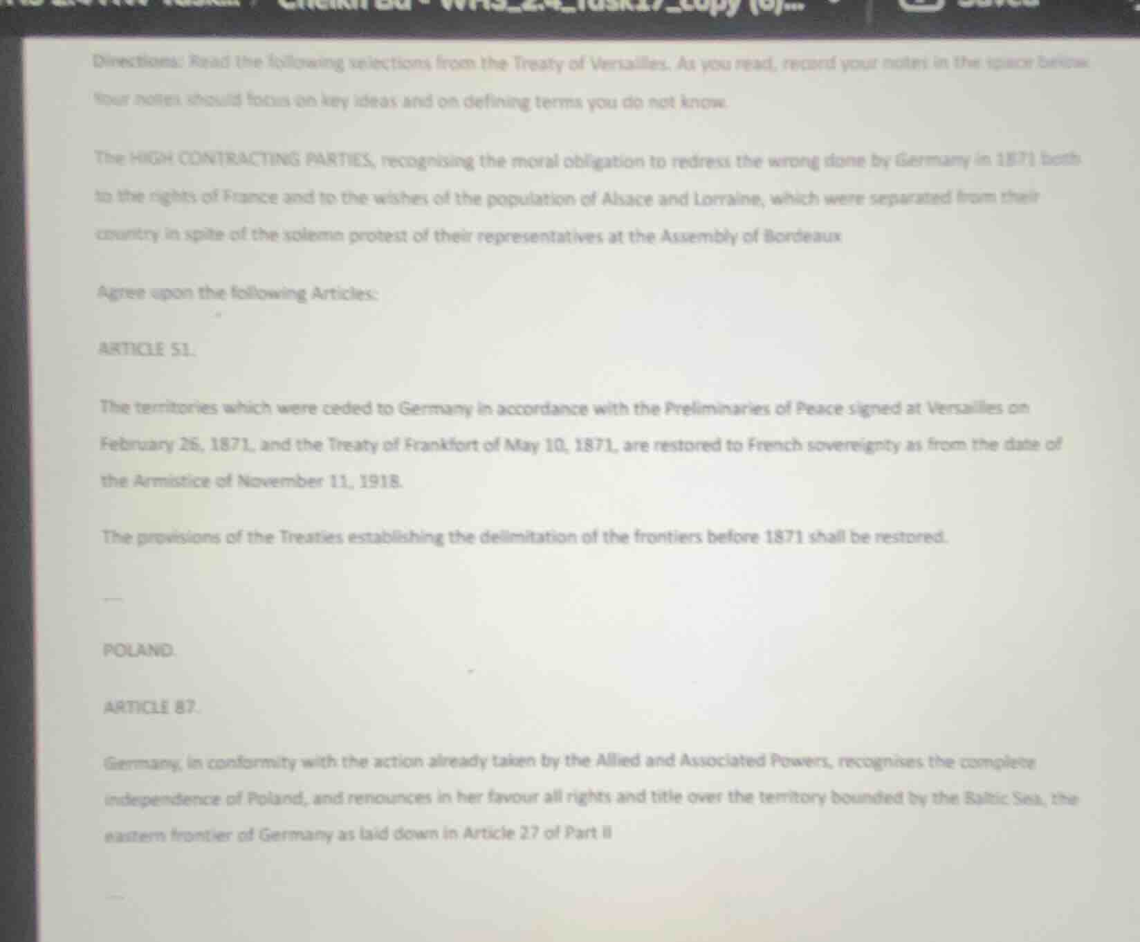 directions: read the following selections from the treaty of versailles…