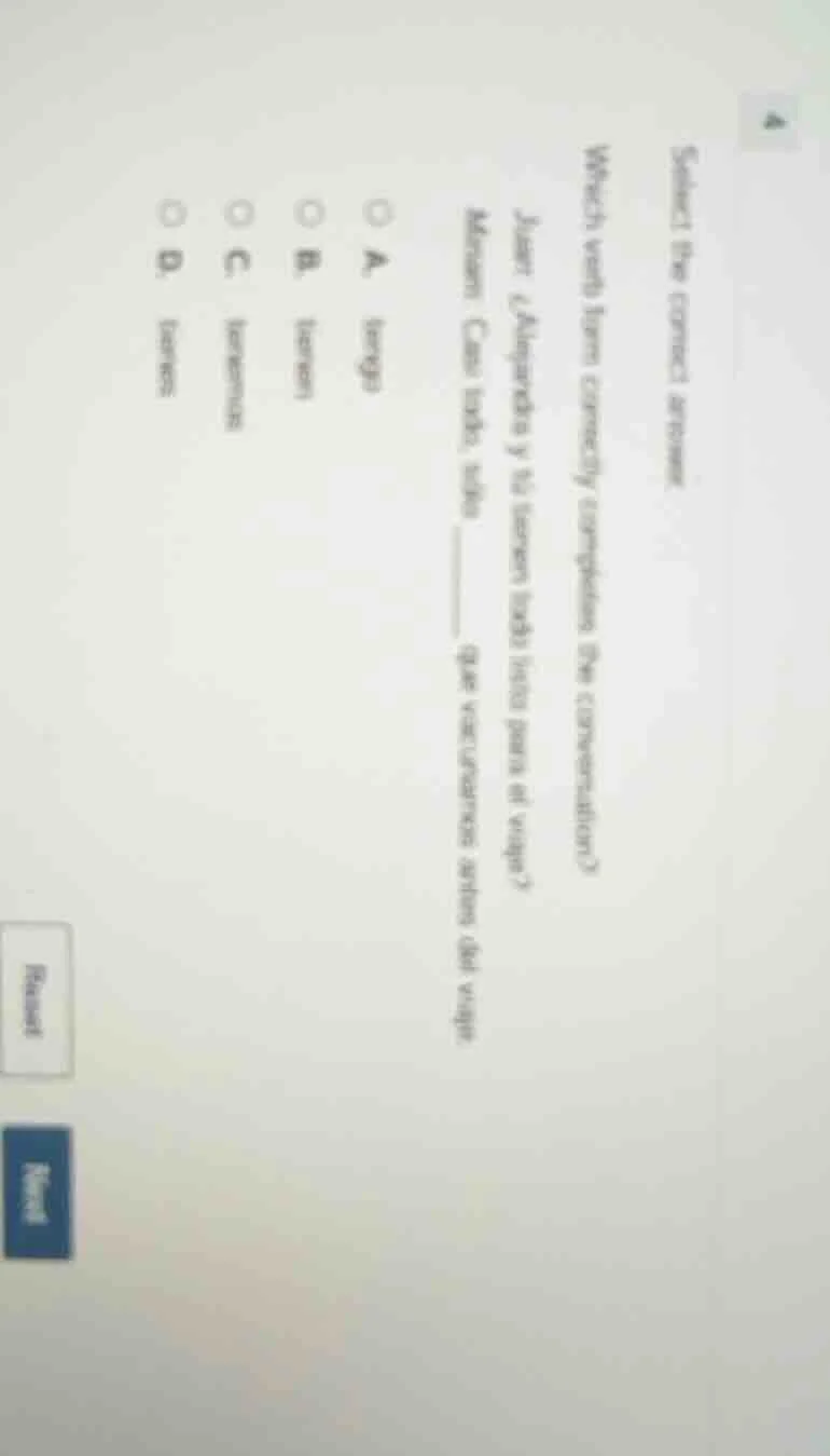 select the correct answer. which verb form correctly completes the conv…