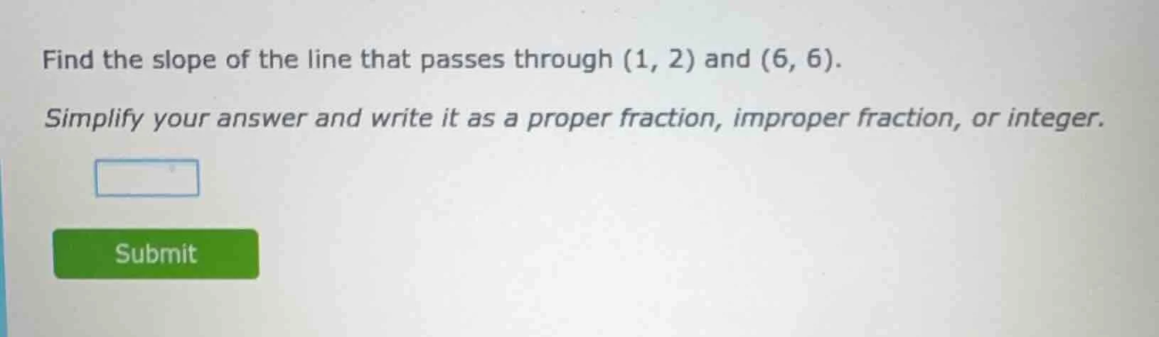 find the slope of the line that passes through (1, 2) and (6, 6). simpl…