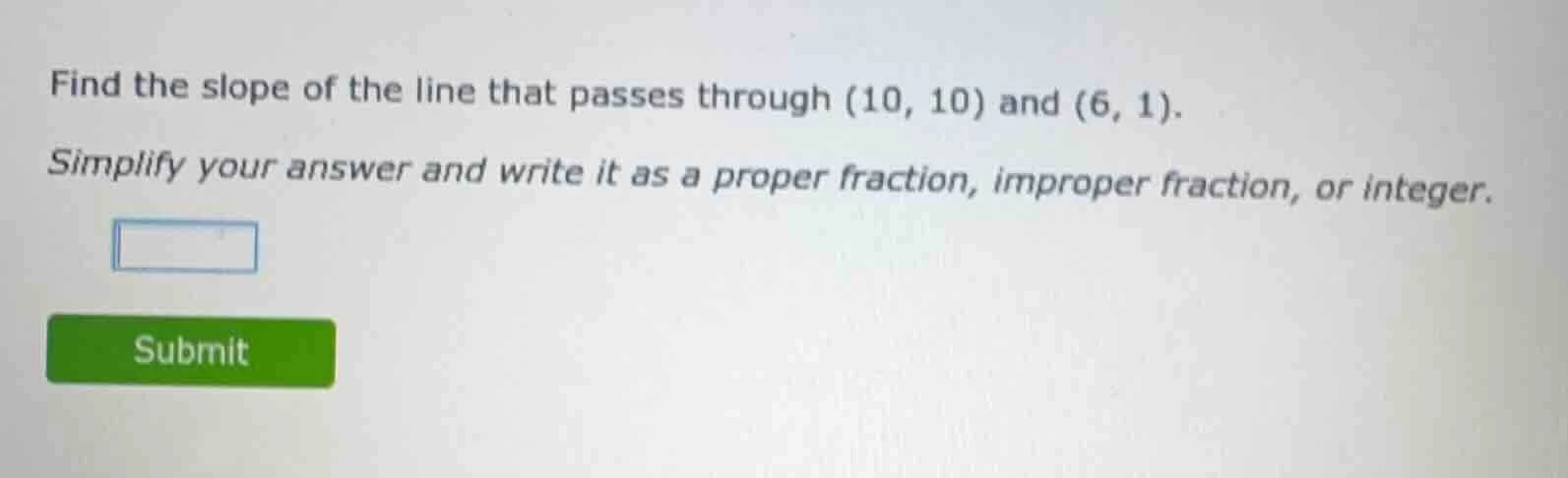 find the slope of the line that passes through (10, 10) and (6, 1). sim…