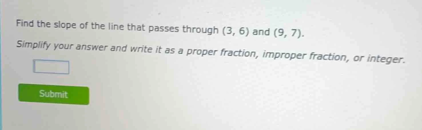 find the slope of the line that passes through (3, 6) and (9, 7). simpl…