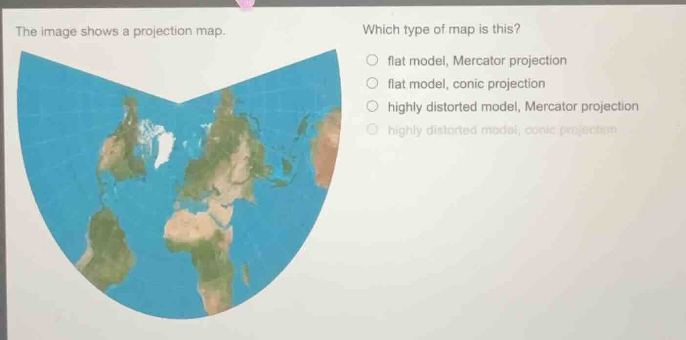 the image shows a projection map. which type of map is this? ○ flat mod…
