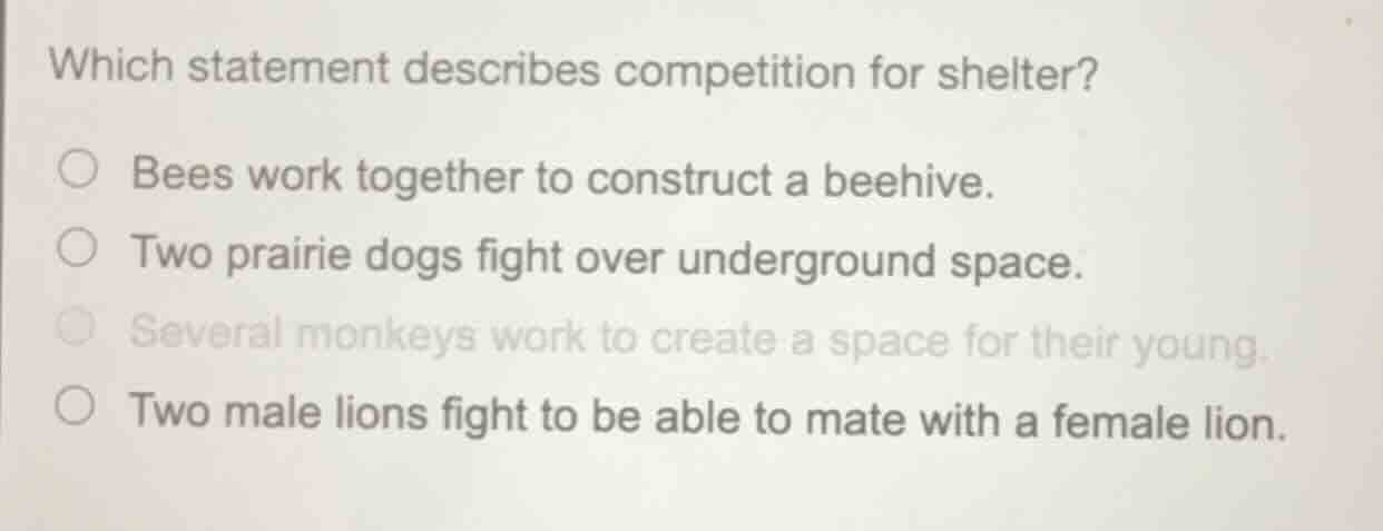 which statement describes competition for shelter? ○ bees work together…