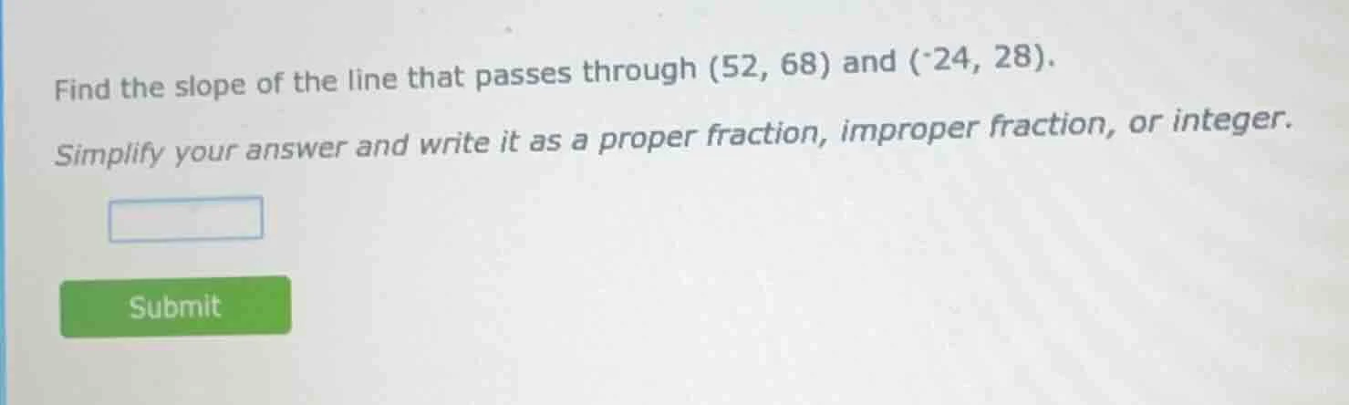 find the slope of the line that passes through (52, 68) and (-24, 28). …
