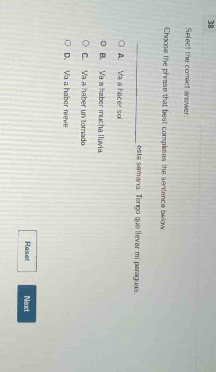 select the correct answer. choose the phrase that best completes the se…