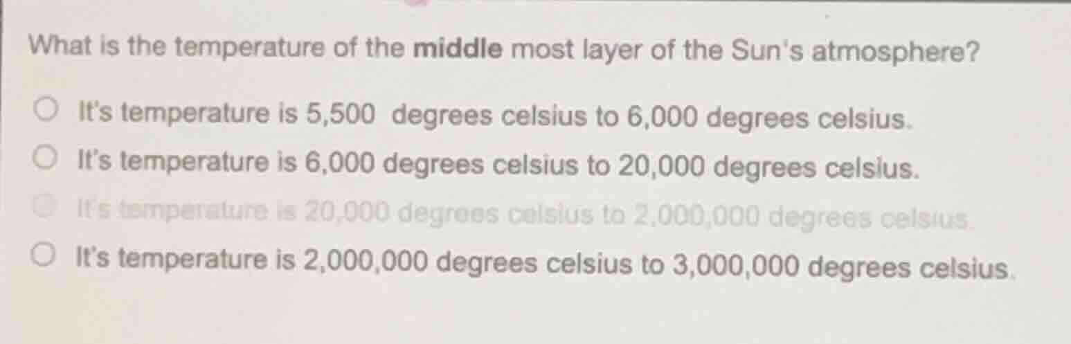 what is the temperature of the middle most layer of the suns atmosphere…