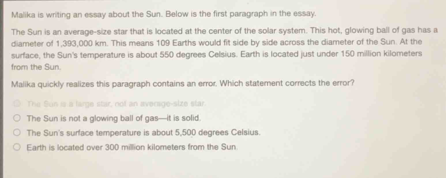 malika is writing an essay about the sun. below is the first paragraph …