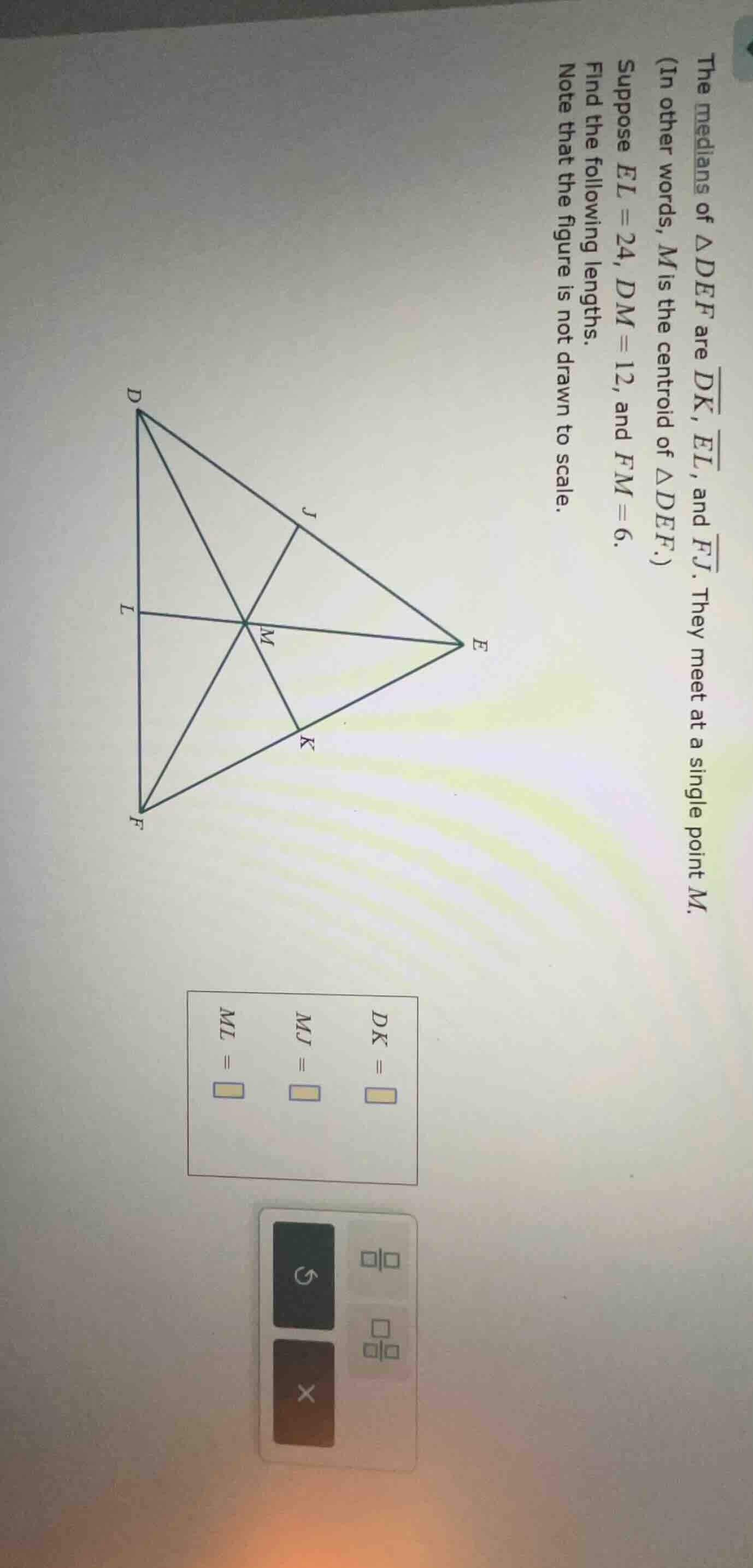 the medians of $\\triangle def$ are $\\overline{dk}$, $\\overline{el}$,…