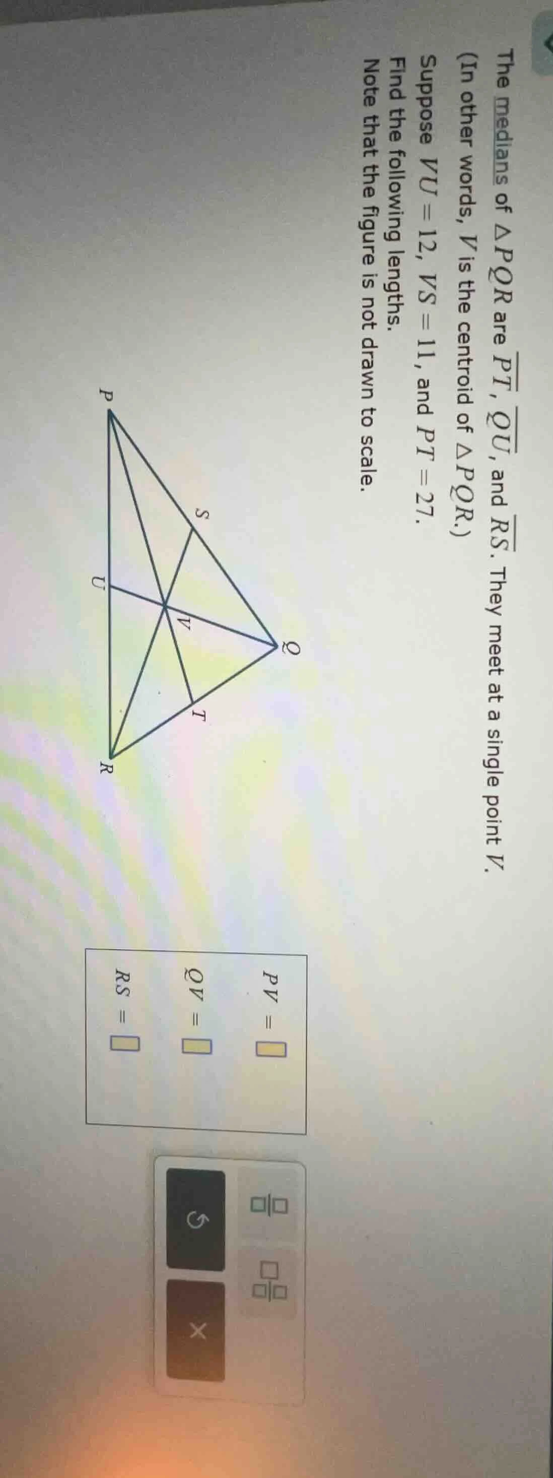 the medians of $\\triangle pqr$ are $\\overline{pt}$, $\\overline{qu}$,…