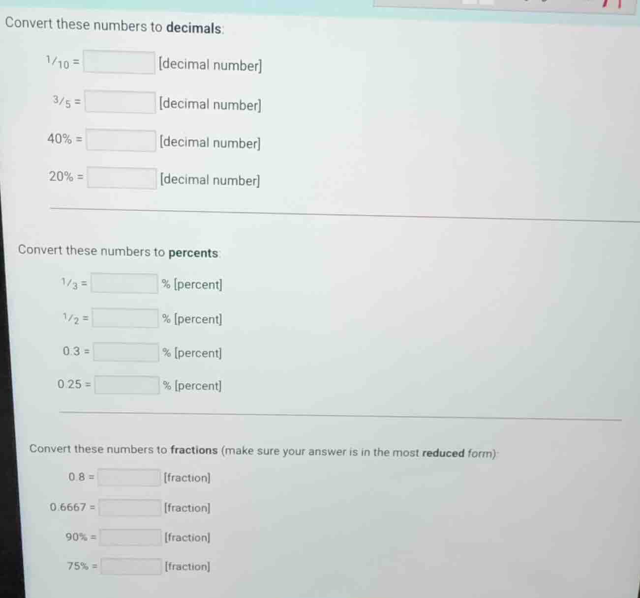 convert these numbers to decimals: \\(\\frac{1}{10}=\\) \\boxed{} decim…