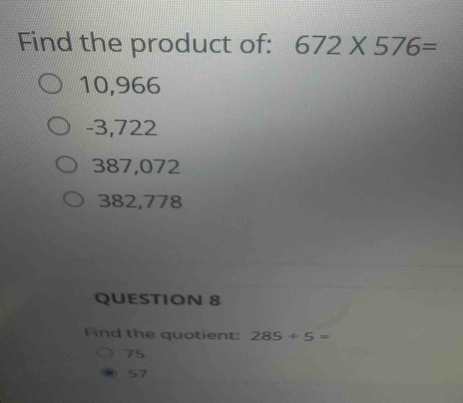 find the product of: 672 x 576= 10,966 -3,722 387,072 382,778 question …