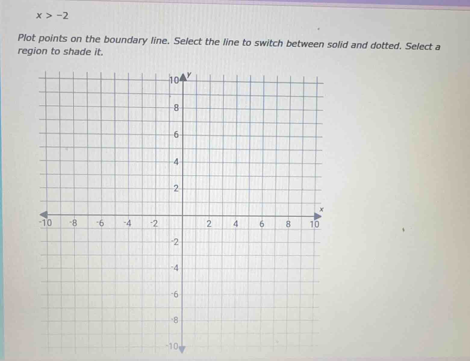 x > -2 plot points on the boundary line. select the line to switch betw…