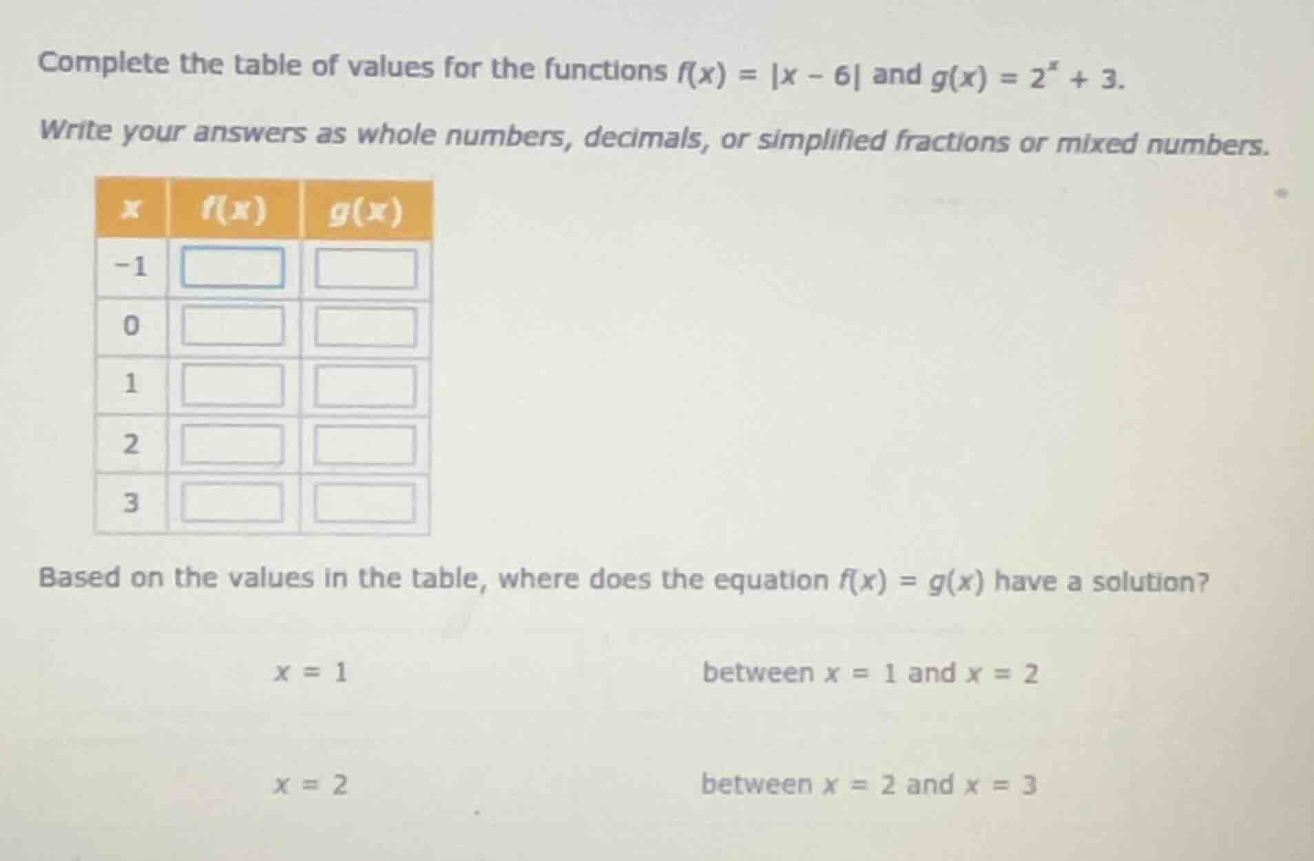 complete the table of values for the functions $f(x) = |x - 6|$ and $g(…