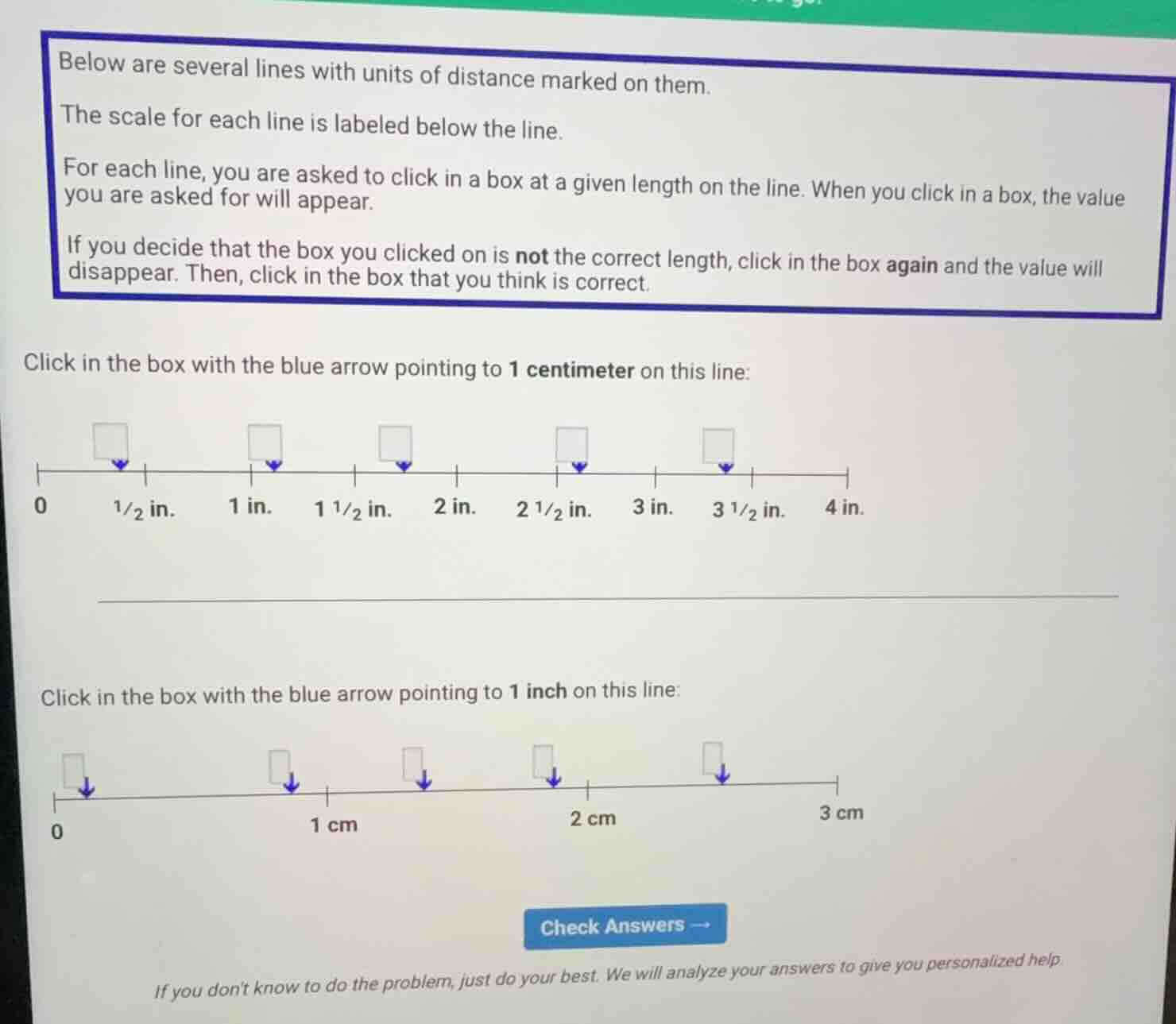 below are several lines with units of distance marked on them. the scal…