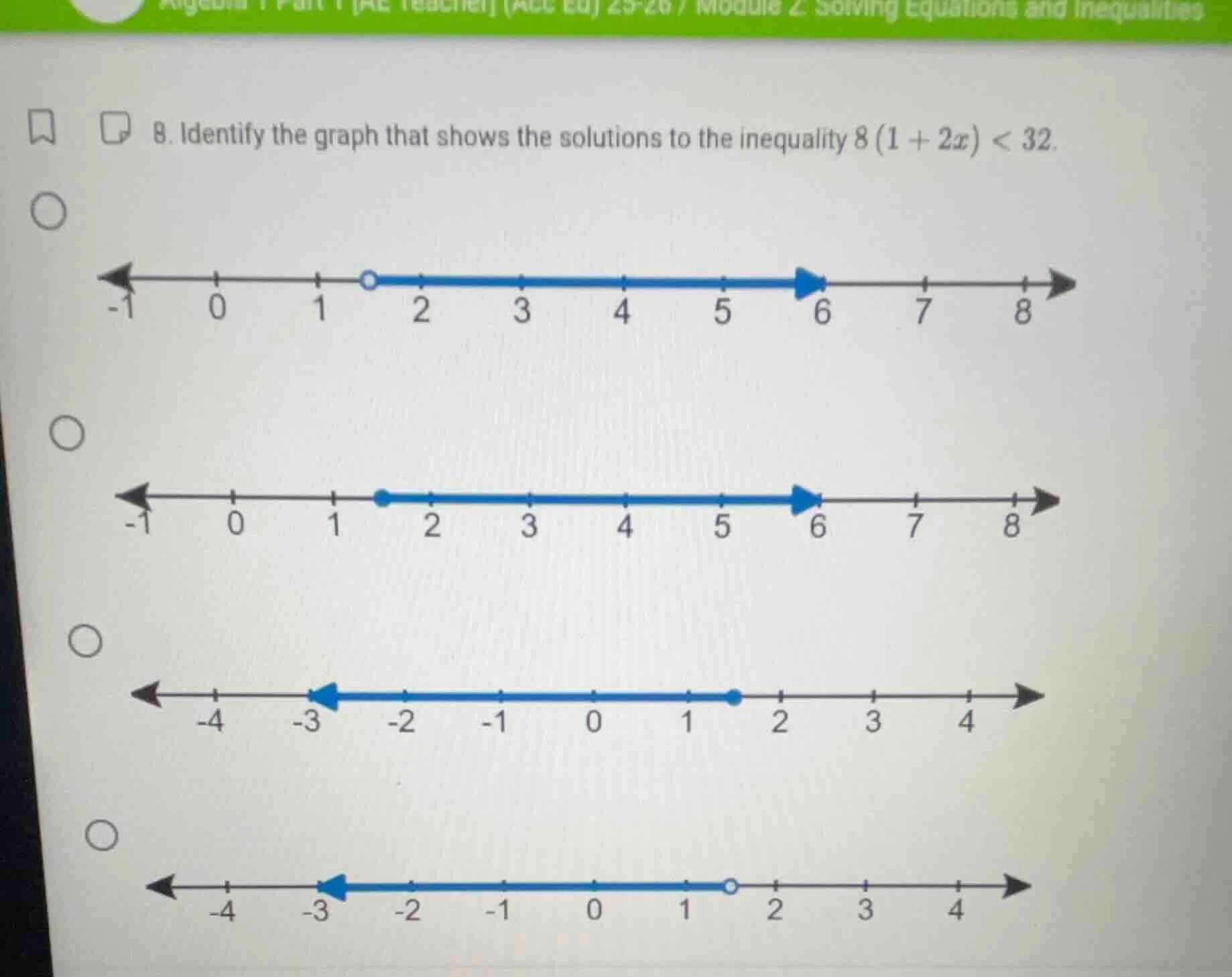 8. identify the graph that shows the solutions to the inequality $8(1 +…