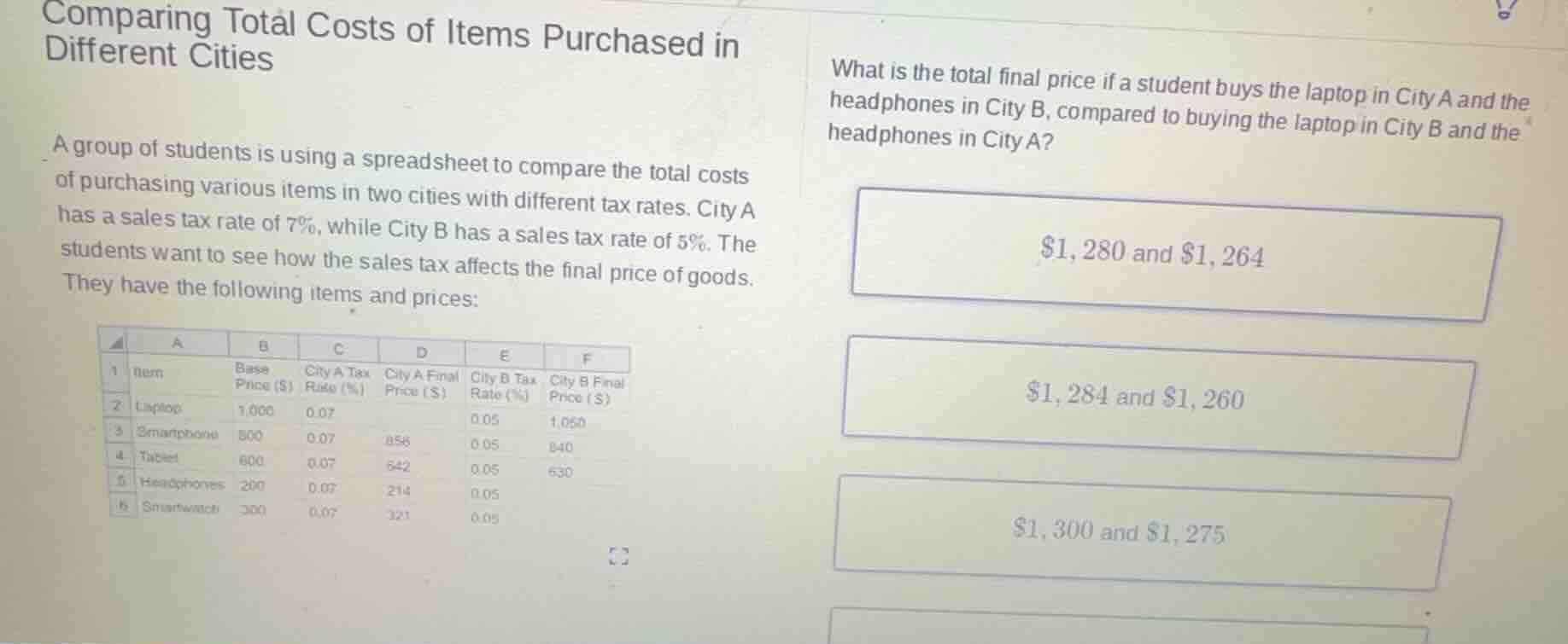 comparing total costs of items purchased in different cities a group of…