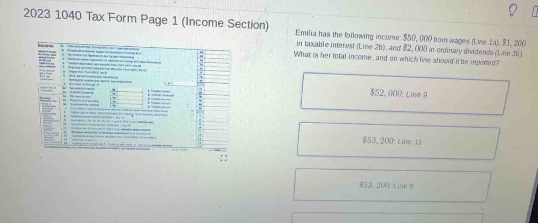 2023 1040 tax form page 1 (income section) emilia has the following inc…