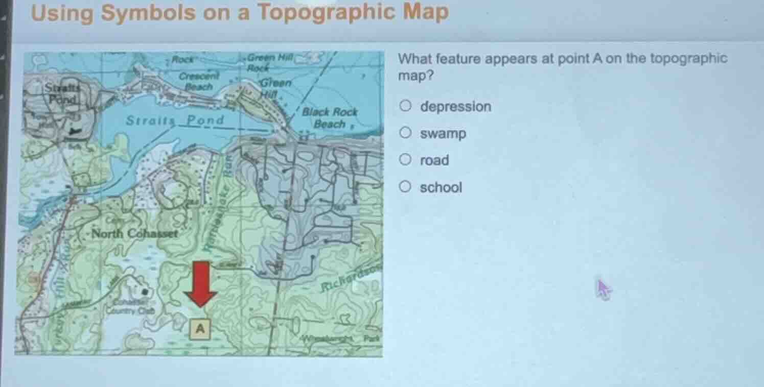 using symbols on a topographic map what feature appears at point a on t…