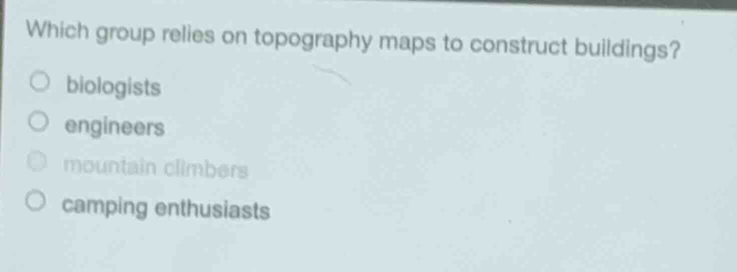 which group relies on topography maps to construct buildings? biologist…