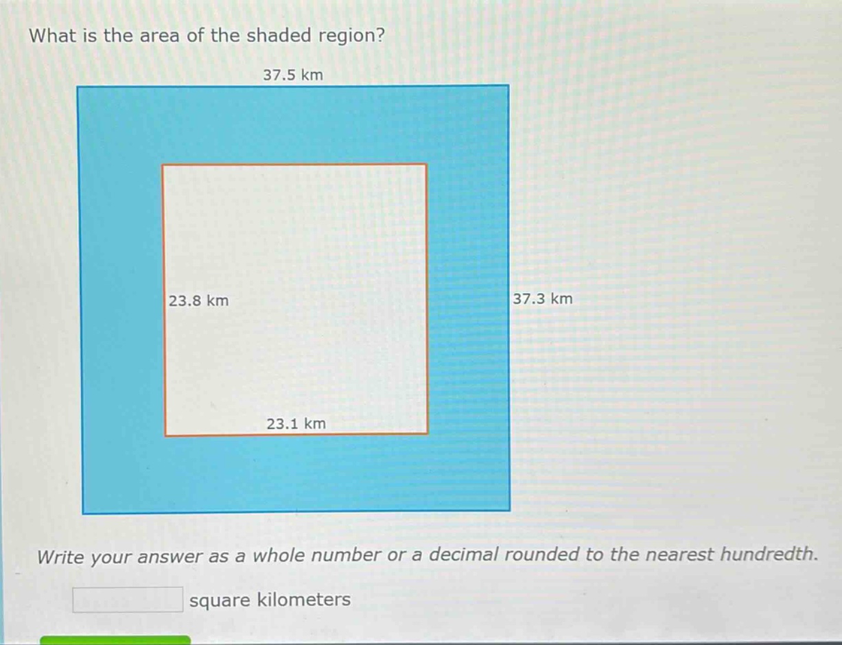 what is the area of the shaded region? 37.5 km 23.8 km 37.3 km 23.1 km …