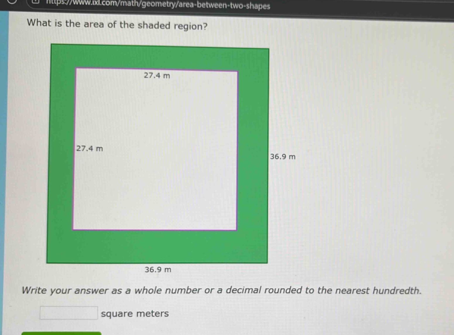 what is the area of the shaded region? 27.4 m 27.4 m 36.9 m 36.9 m writ…