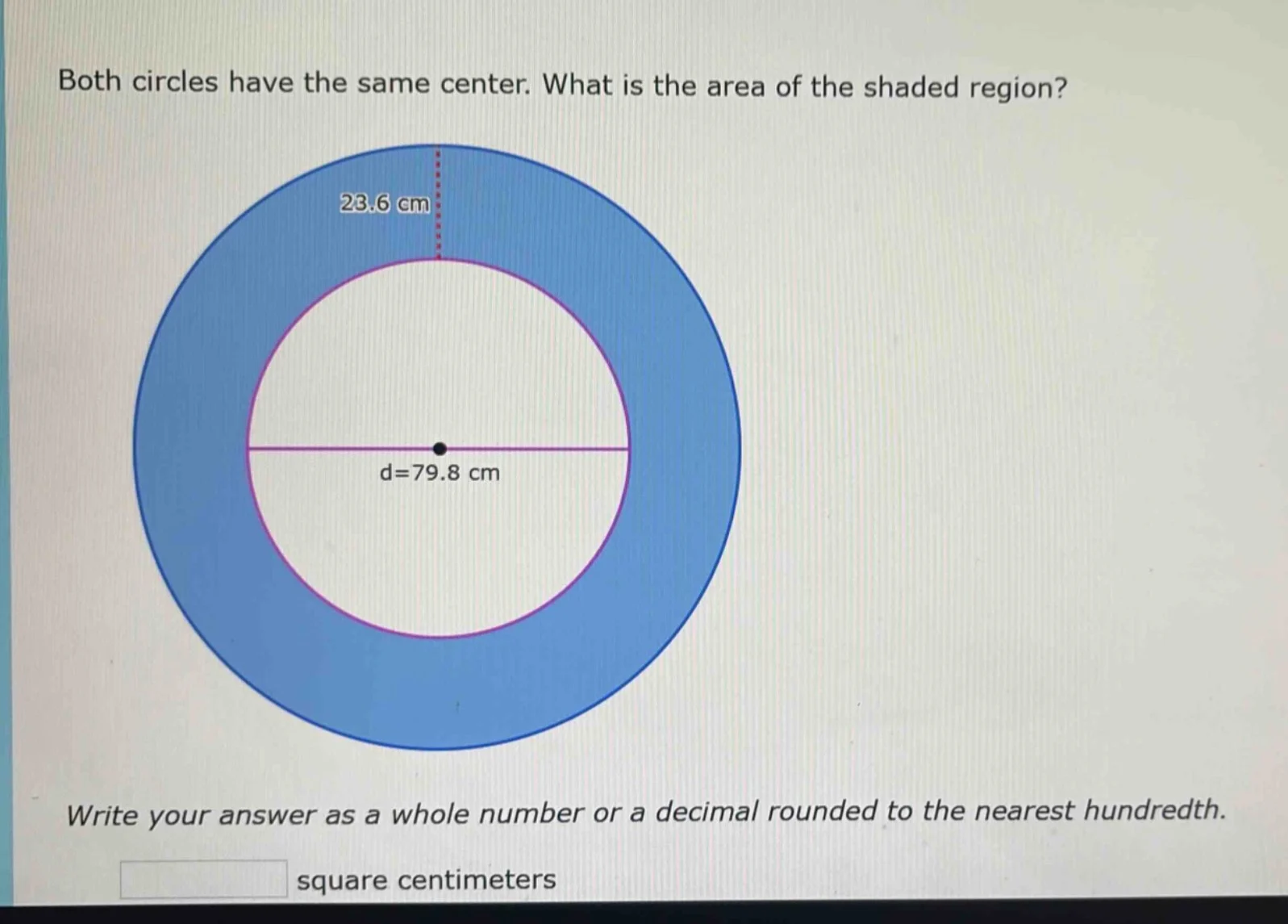 both circles have the same center. what is the area of the shaded regio…