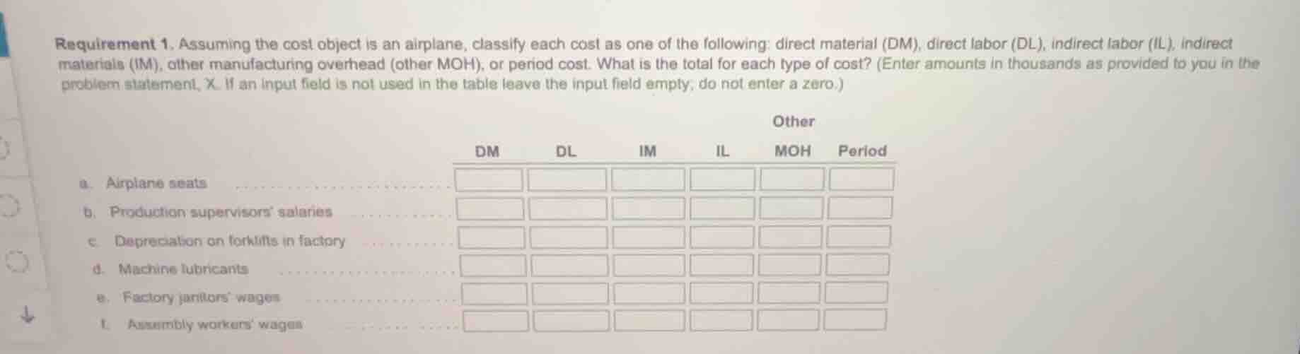 requirement 1. assuming the cost object is an airplane, classify each c…