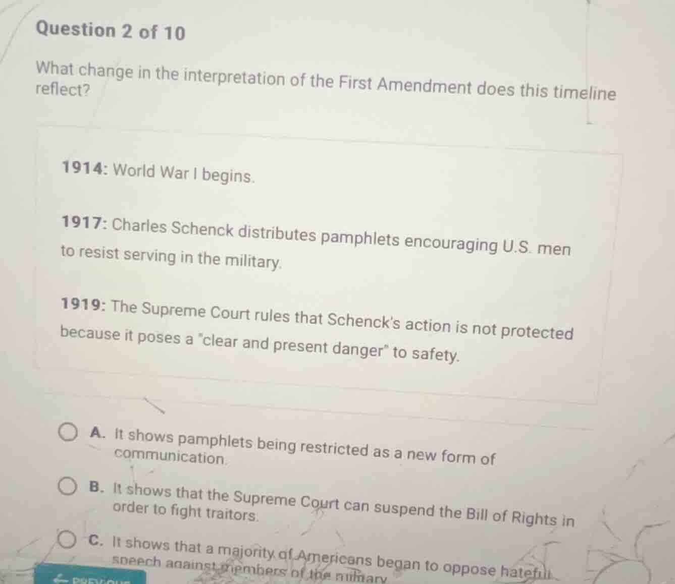 question 2 of 10 what change in the interpretation of the first amendme…