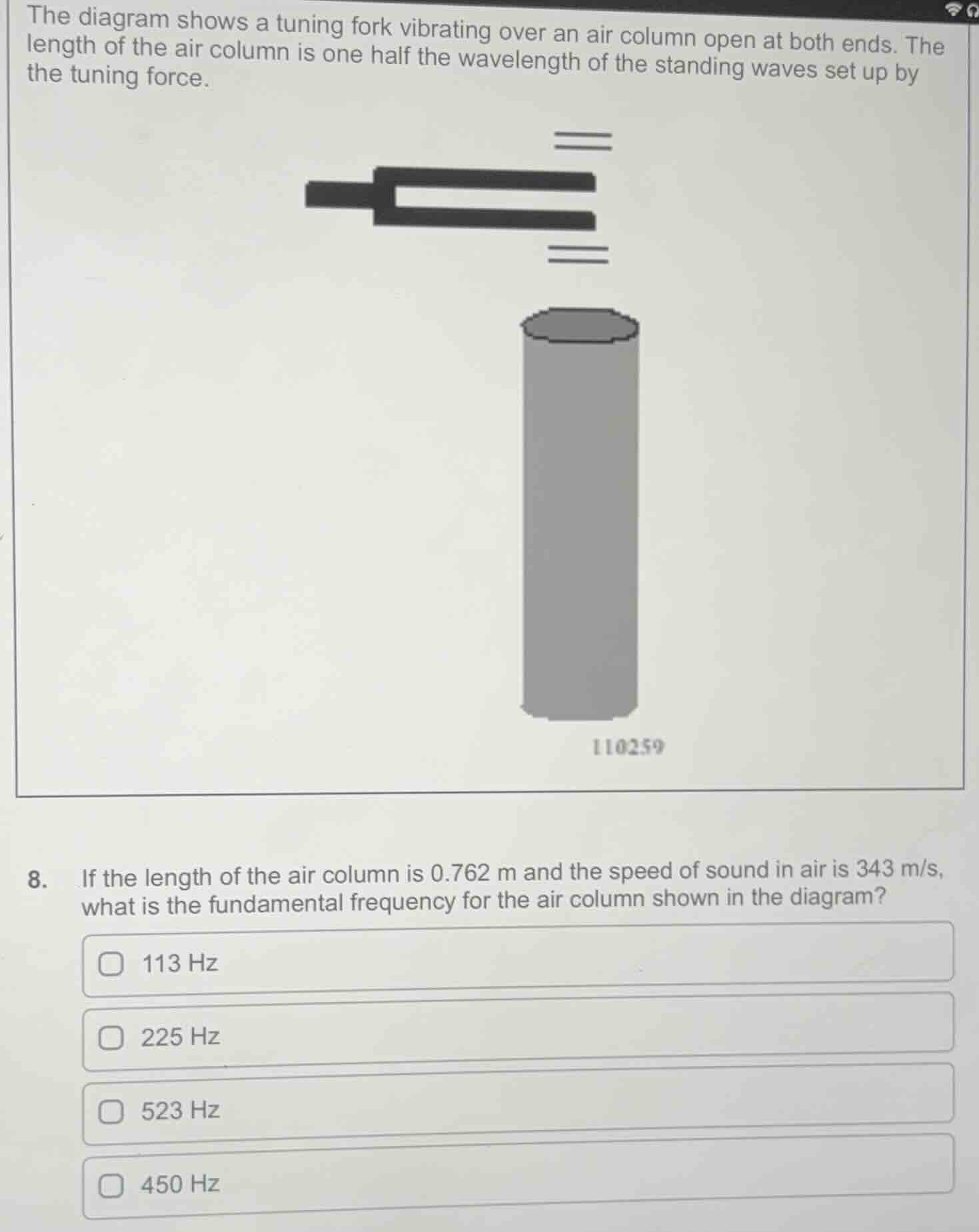 the diagram shows a tuning fork vibrating over an air column open at bo…