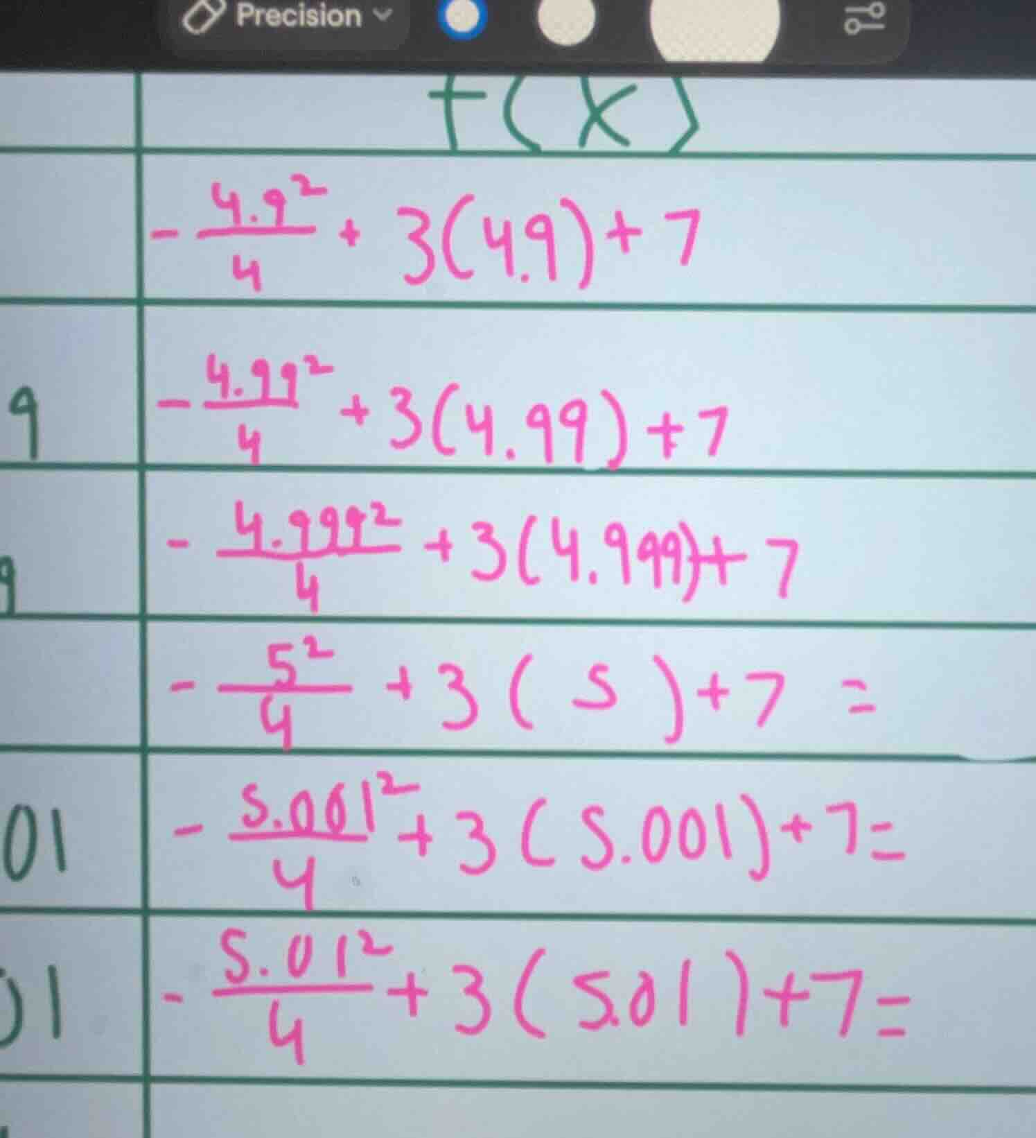-\frac{4.9^{2}}{4}+3(4.9)+7; -\frac{4.99^{2}}{4}+3(4.99)+7; -\frac{4.99…