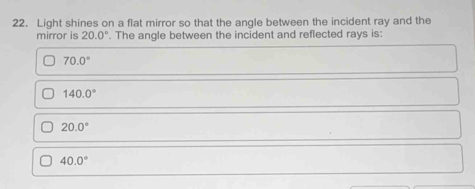 22. light shines on a flat mirror so that the angle between the inciden…