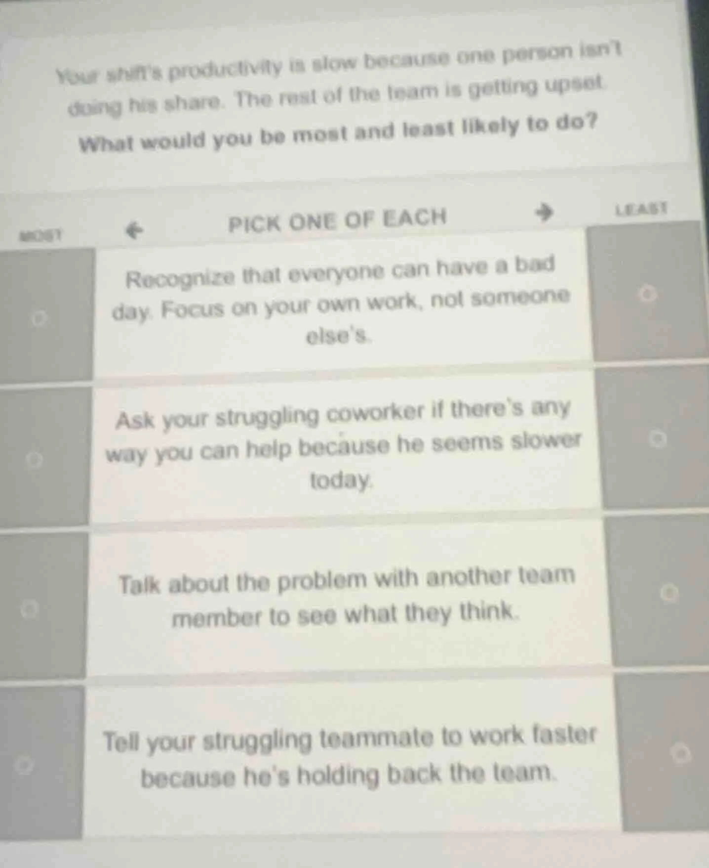 your shifts productivity is slow because one person isnt doing his shar…