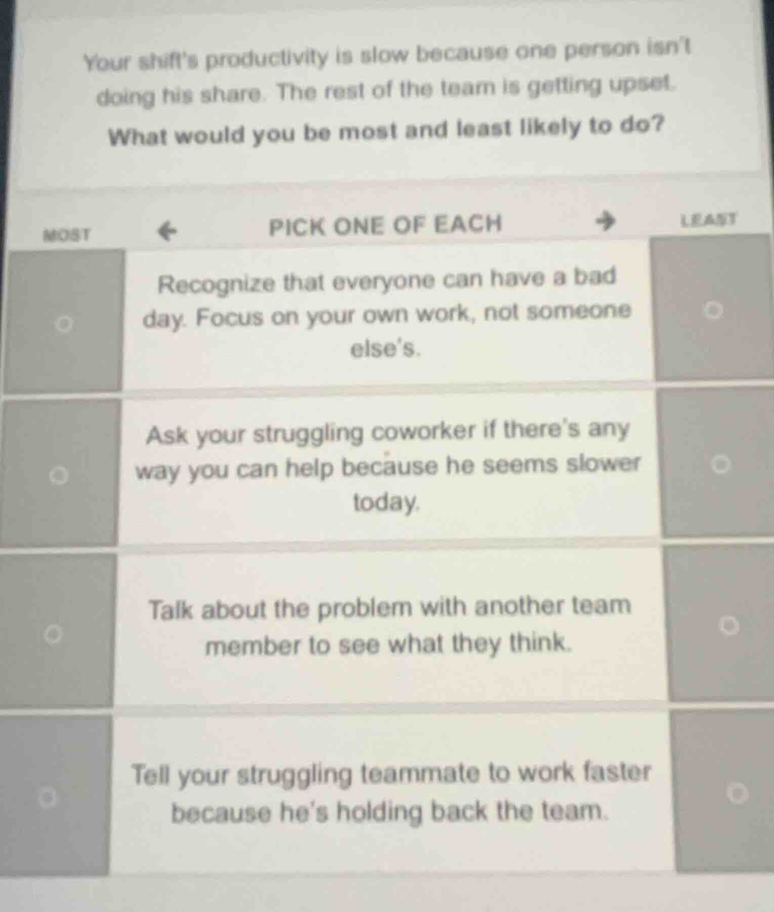 your shifts productivity is slow because one person isnt doing his shar…