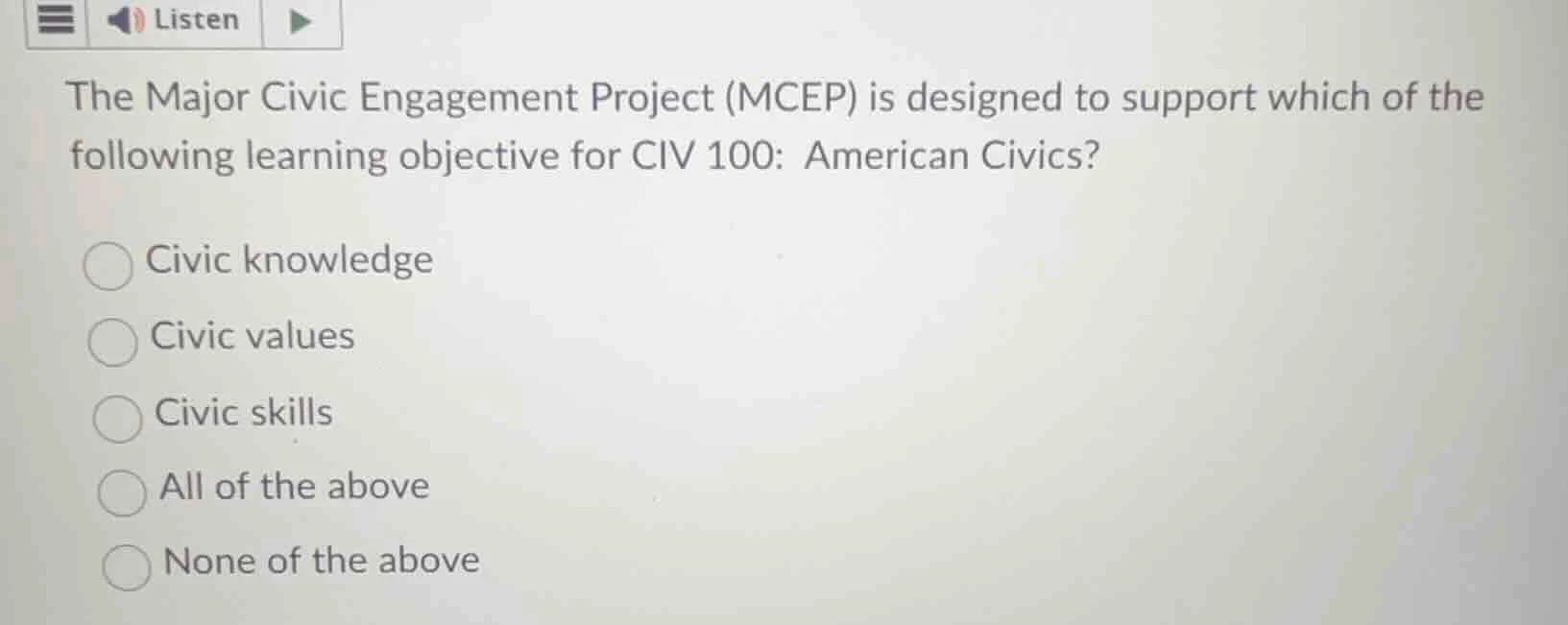 the major civic engagement project (mcep) is designed to support which …