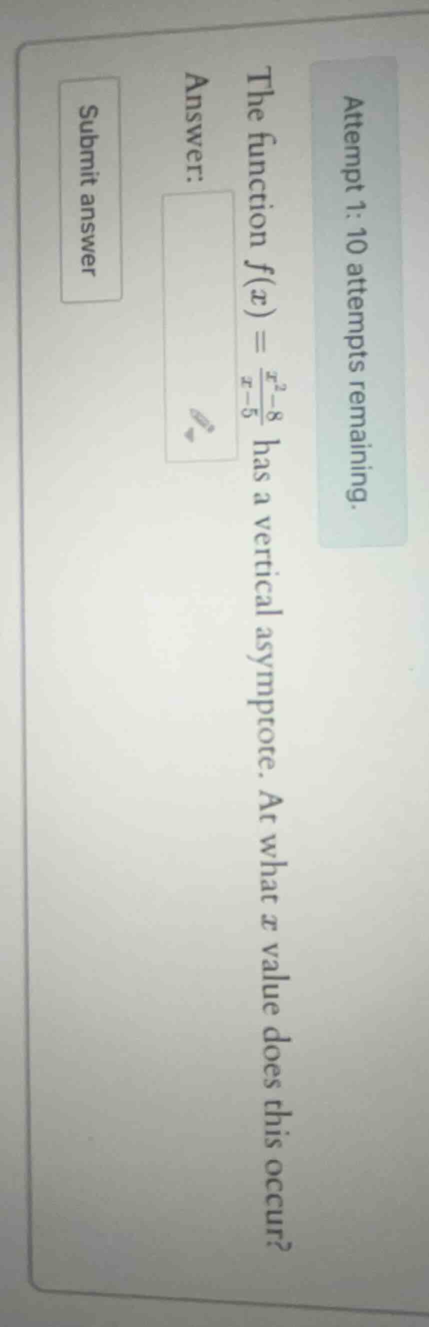 attempt 1: 10 attempts remaining. the function $f(x) = \\frac{x^2 - 8}{…