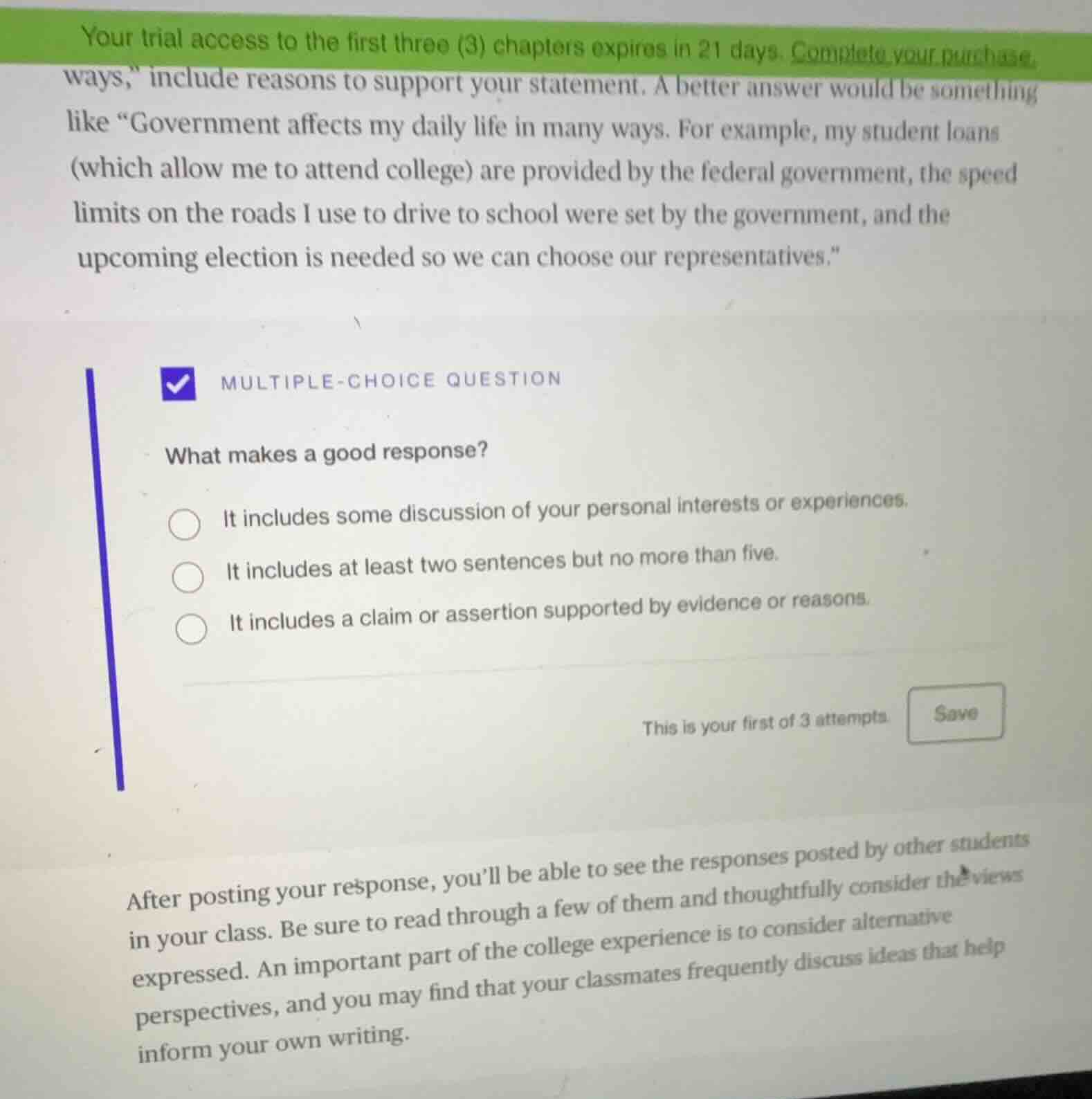 your trial access to the first three (3) chapters expires in 21 days. c…