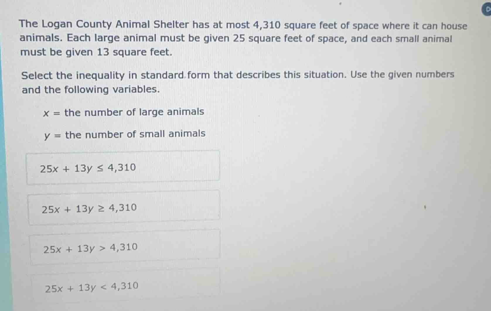 the logan county animal shelter has at most 4,310 square feet of space …