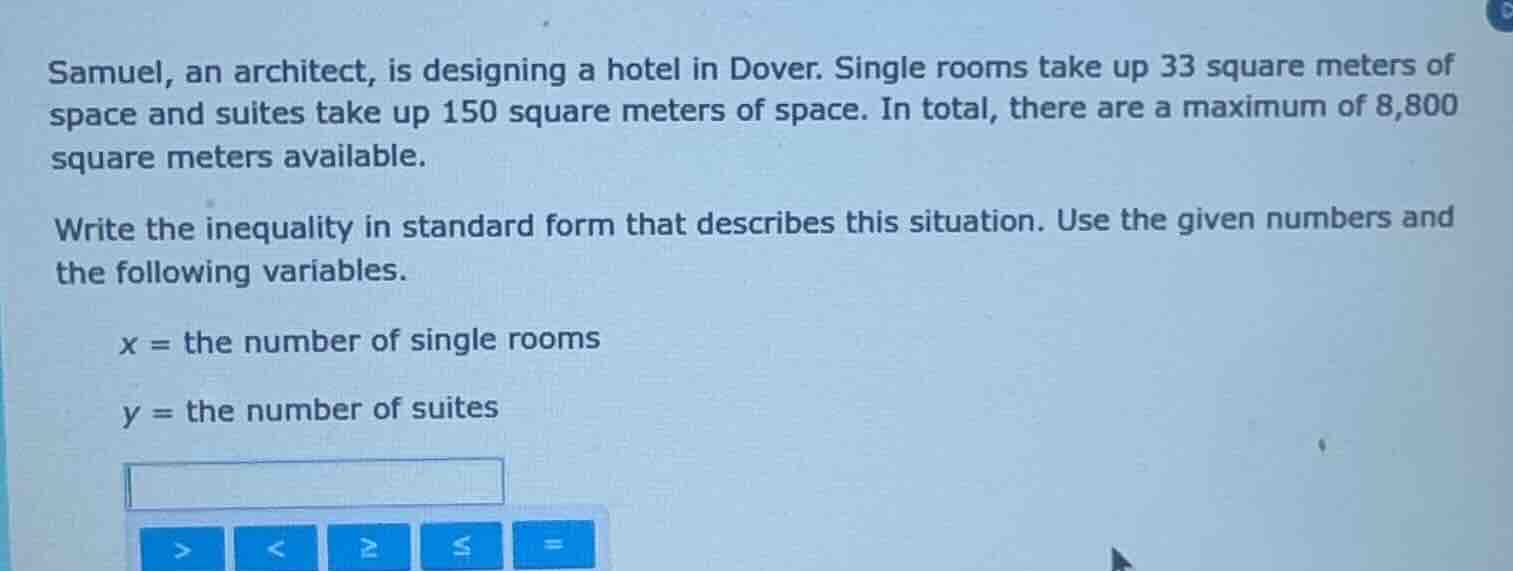 samuel, an architect, is designing a hotel in dover. single rooms take …