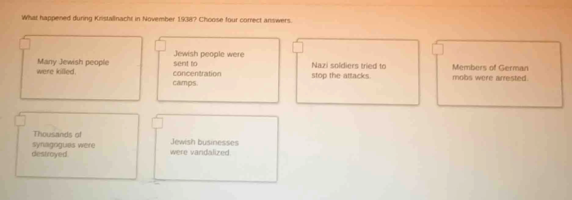 what happened during kristallnacht in november 1938? choose four correc…