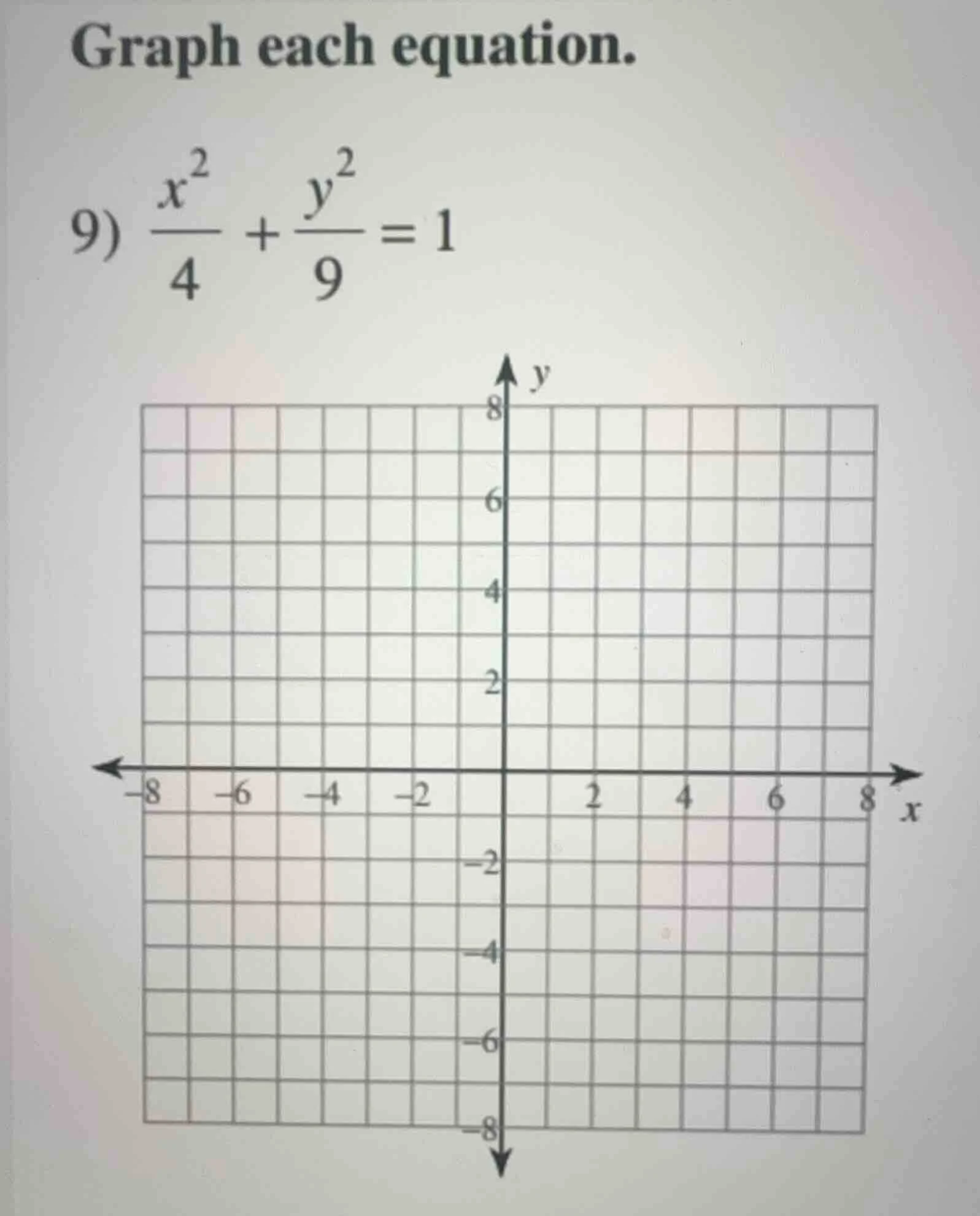 graph each equation. 9) \\(\\frac{x^2}{4} + \\frac{y^2}{9} = 1\\)