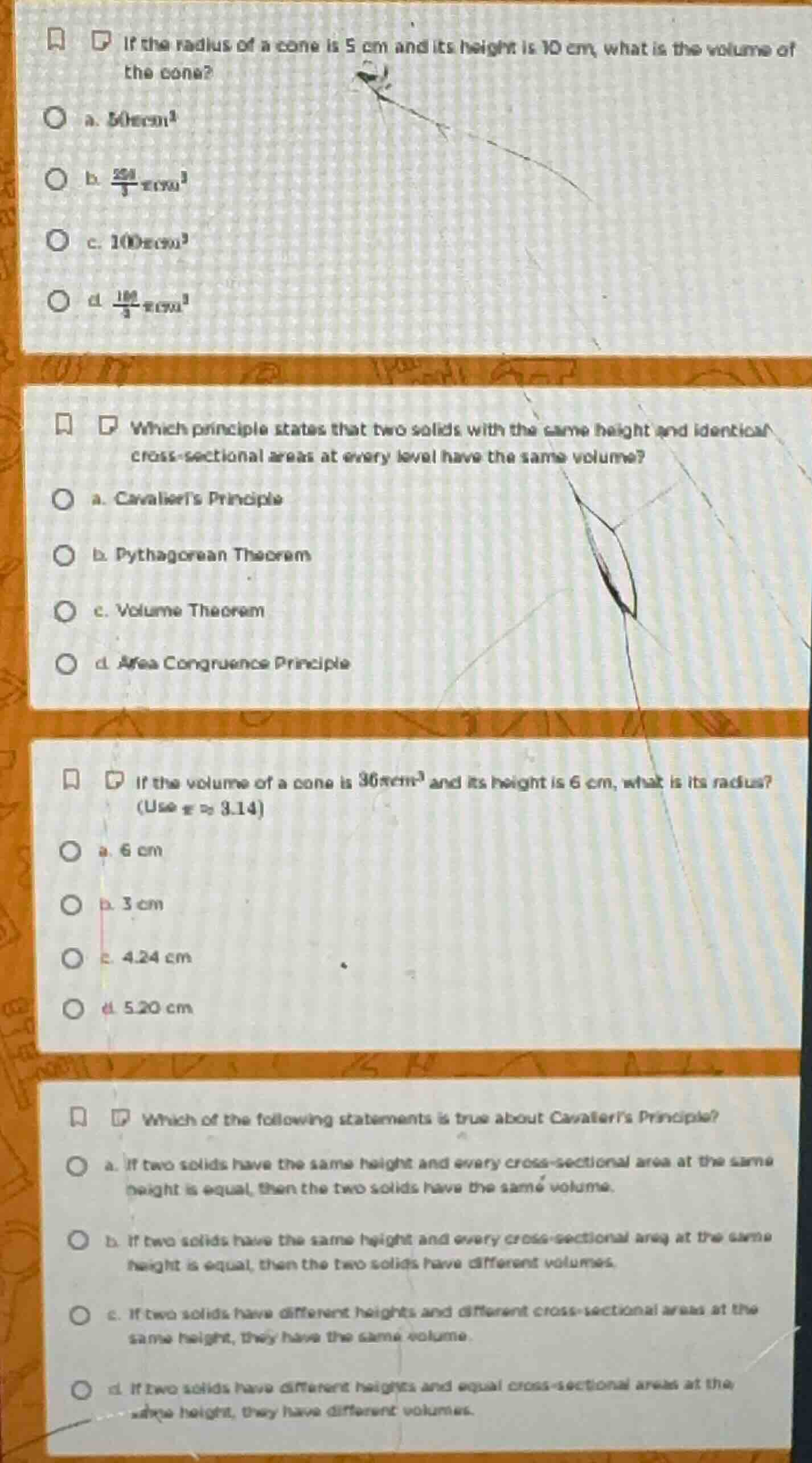 if the radius of a cone is 5 cm and its height is 10 cm, what is the vo…
