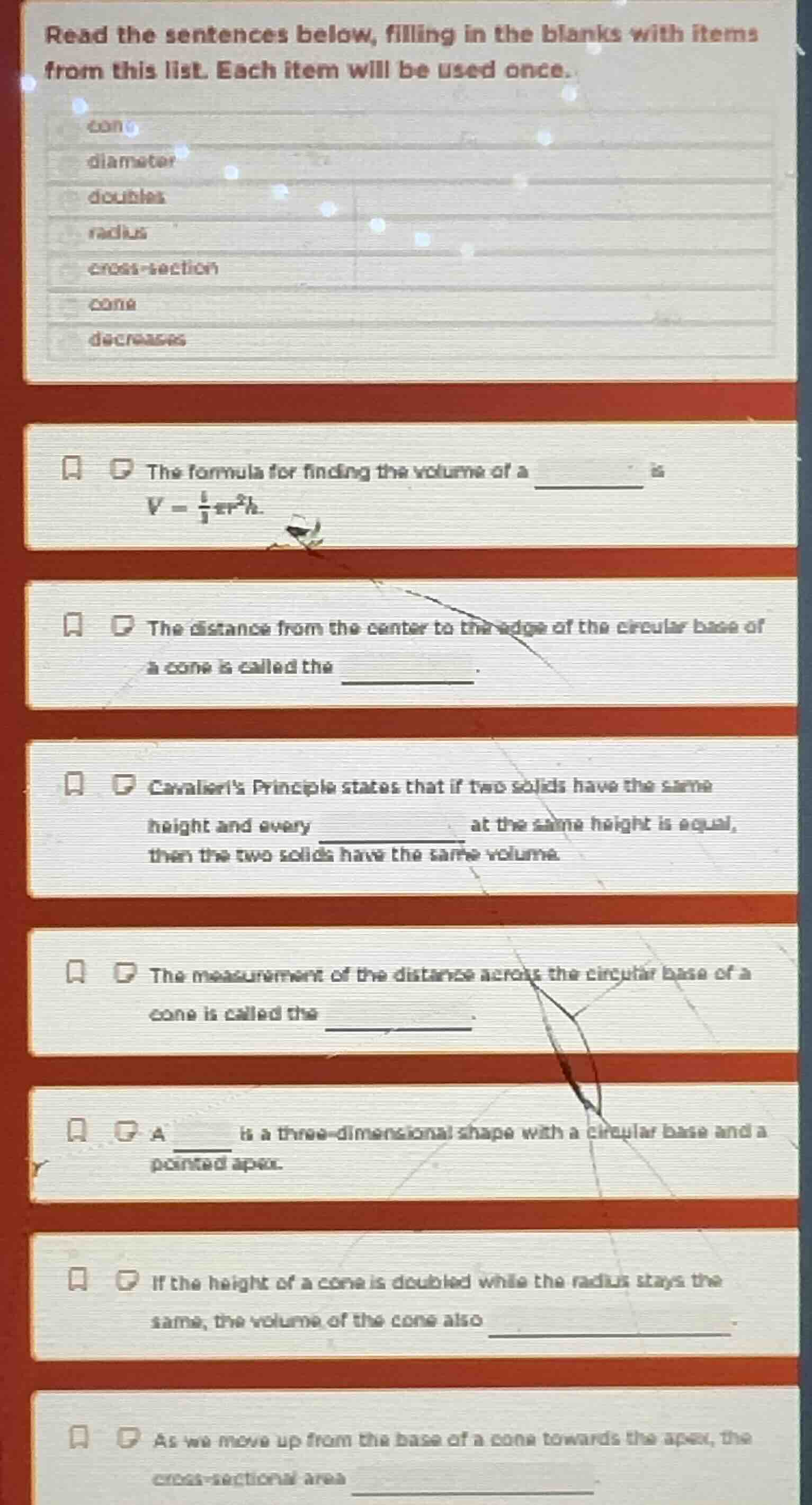 read the sentences below, filling in the blanks with items from this li…