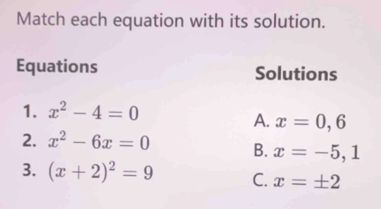 match each equation with its solution. equations 1. $x^2 - 4 = 0$ 2. $x…