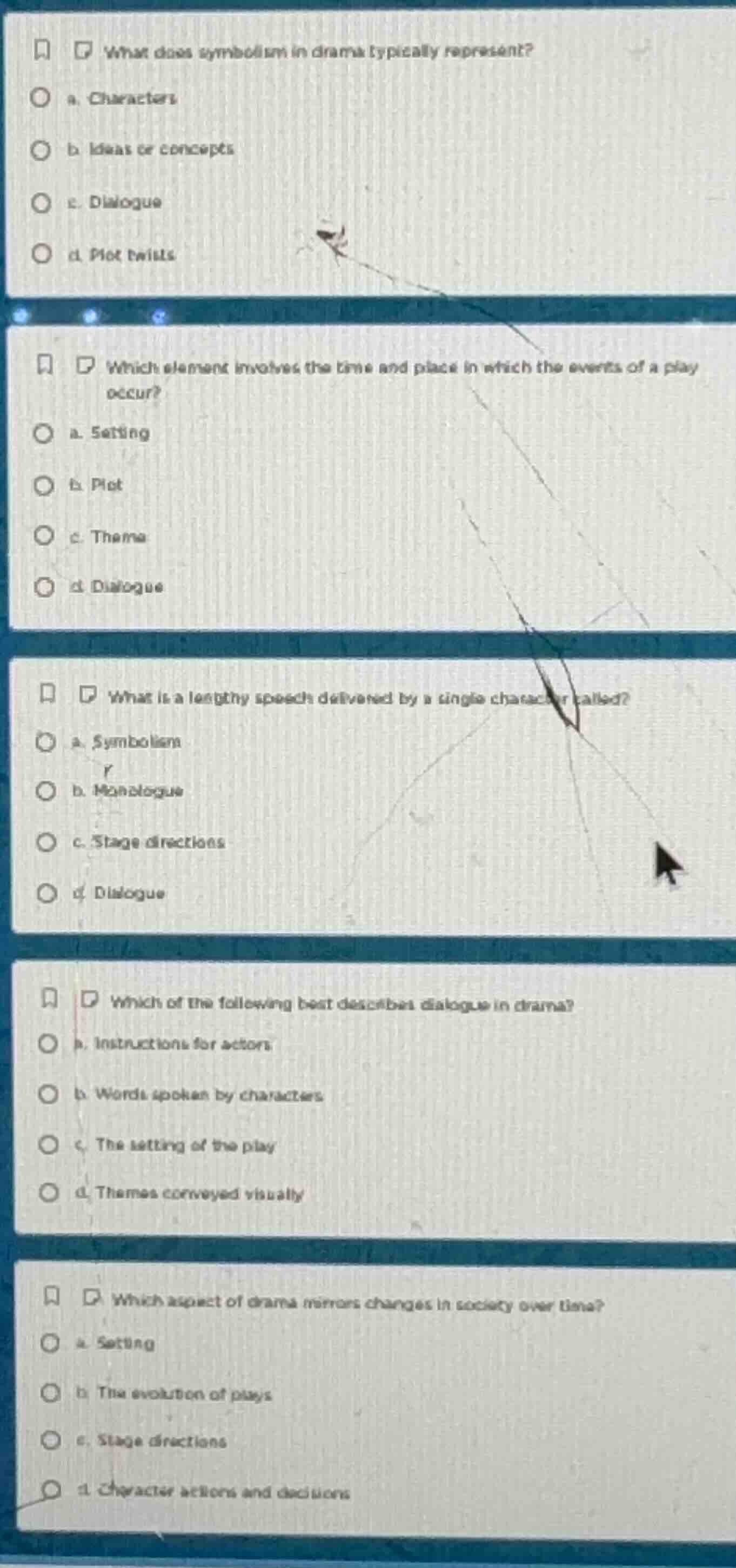 what does symbolism in drama typically represent? a. characters b. idea…