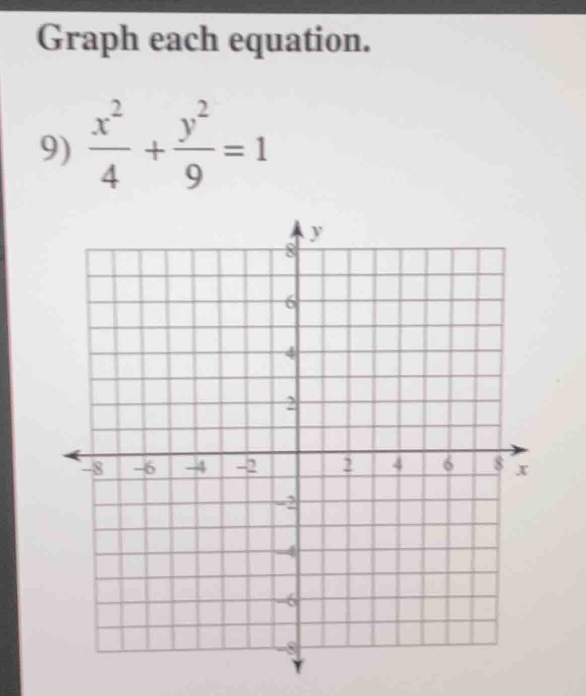graph each equation. 9) \\(\\frac{x^2}{4} + \\frac{y^2}{9} = 1\\)