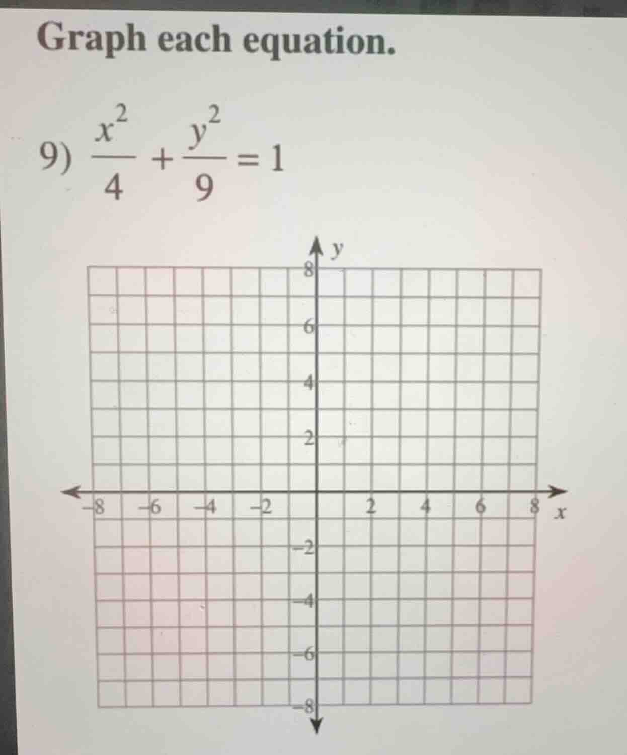 graph each equation. 9) \\(\frac{x^2}{4} + \frac{y^2}{9} = 1\\)